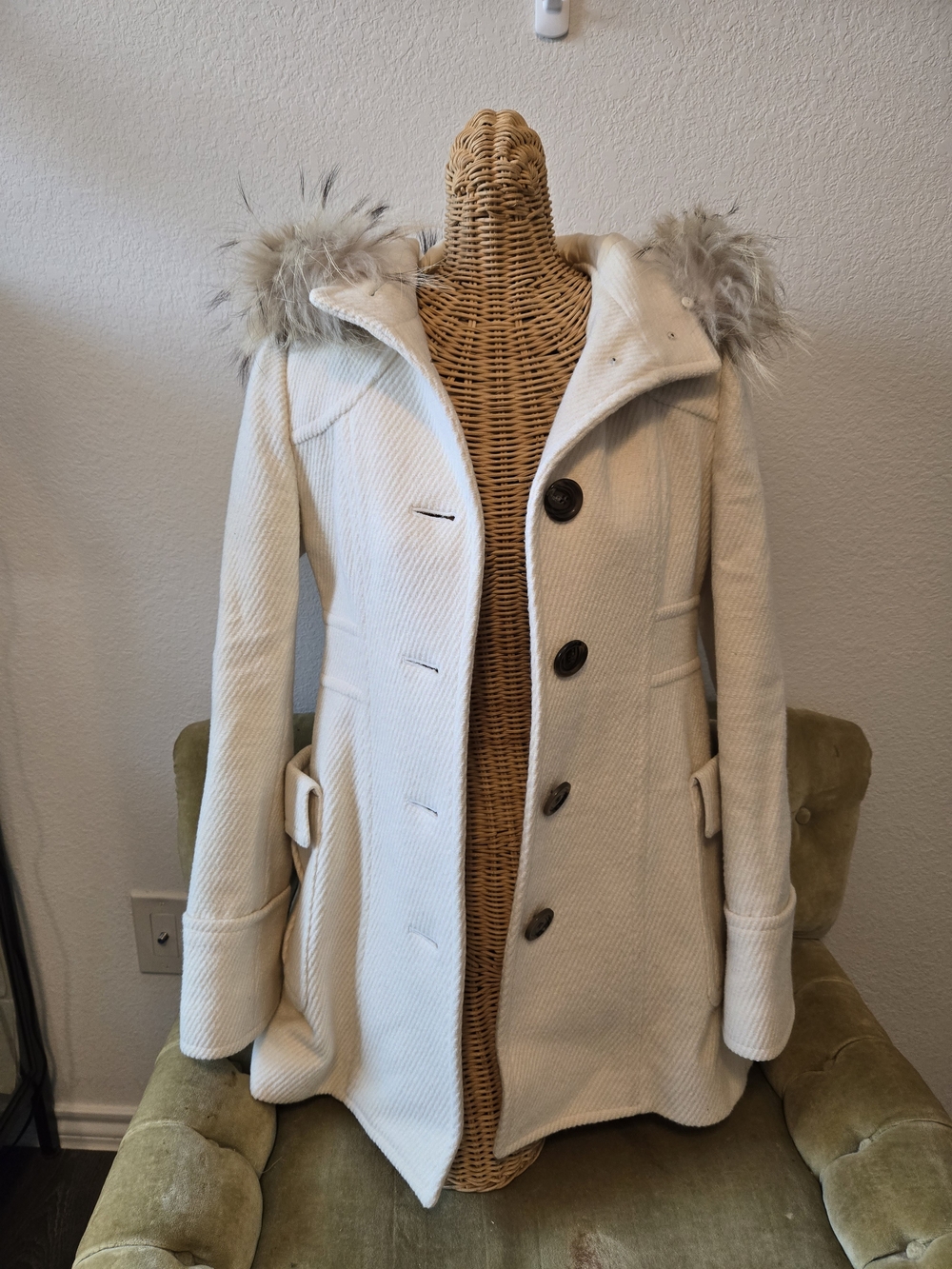 Burberry Cream Wool-Blend Hooded Pea Coat with Faux Fur Trim